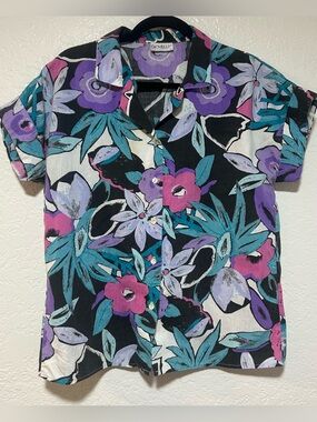 Vintage Giovelli Black, Purple & Teal Flower Button Down Shirt